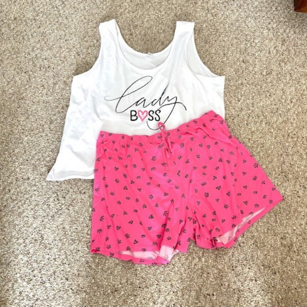 JUST BE Pink Pajama Set LADY BOSS Sleeveless Top & Shorts 2X Black Hearts Crowns